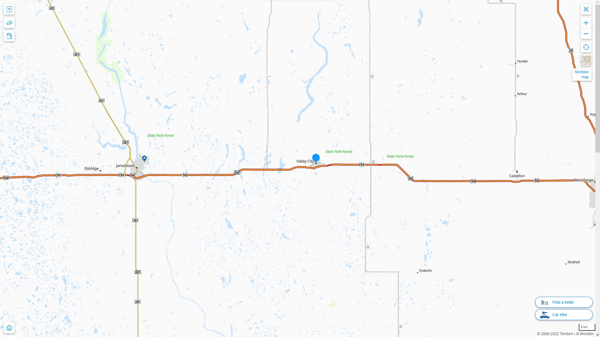 Valley City North Dakota Highway and Road Map